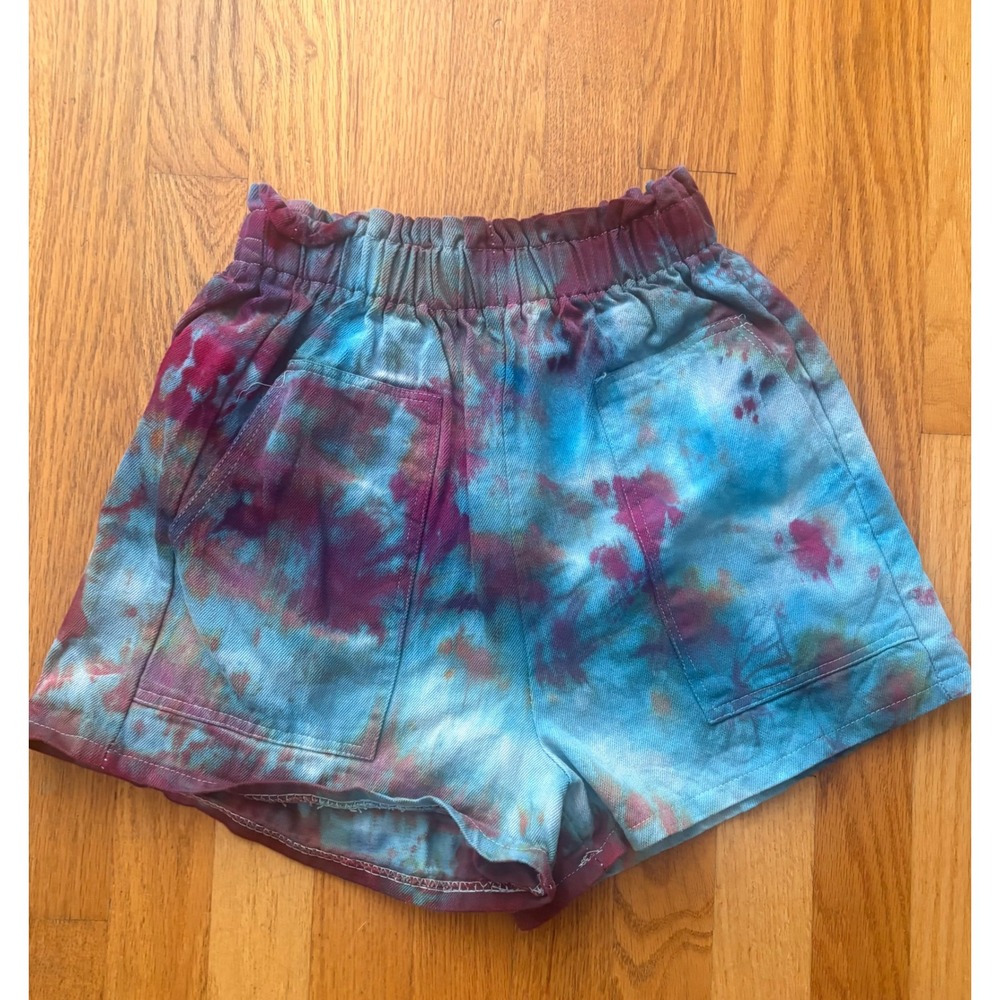 Princess Polly Ice Dye Upcycled Denim Shorts Blue Purple Paperbag Waist‎ US 4